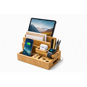 Bamboo Desk Organizer Charging Station Phone Tablet Mail Holder Wood